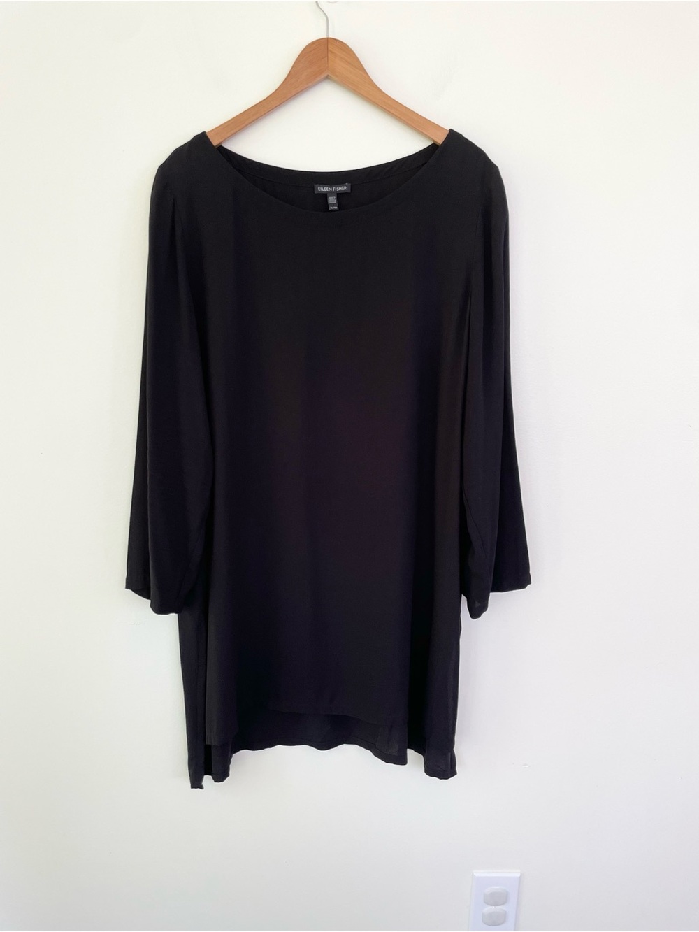 Eileen Fisher 100% Silk Scoop Neck Shift Tunic Dress in Black XL 3/4 Sleeve